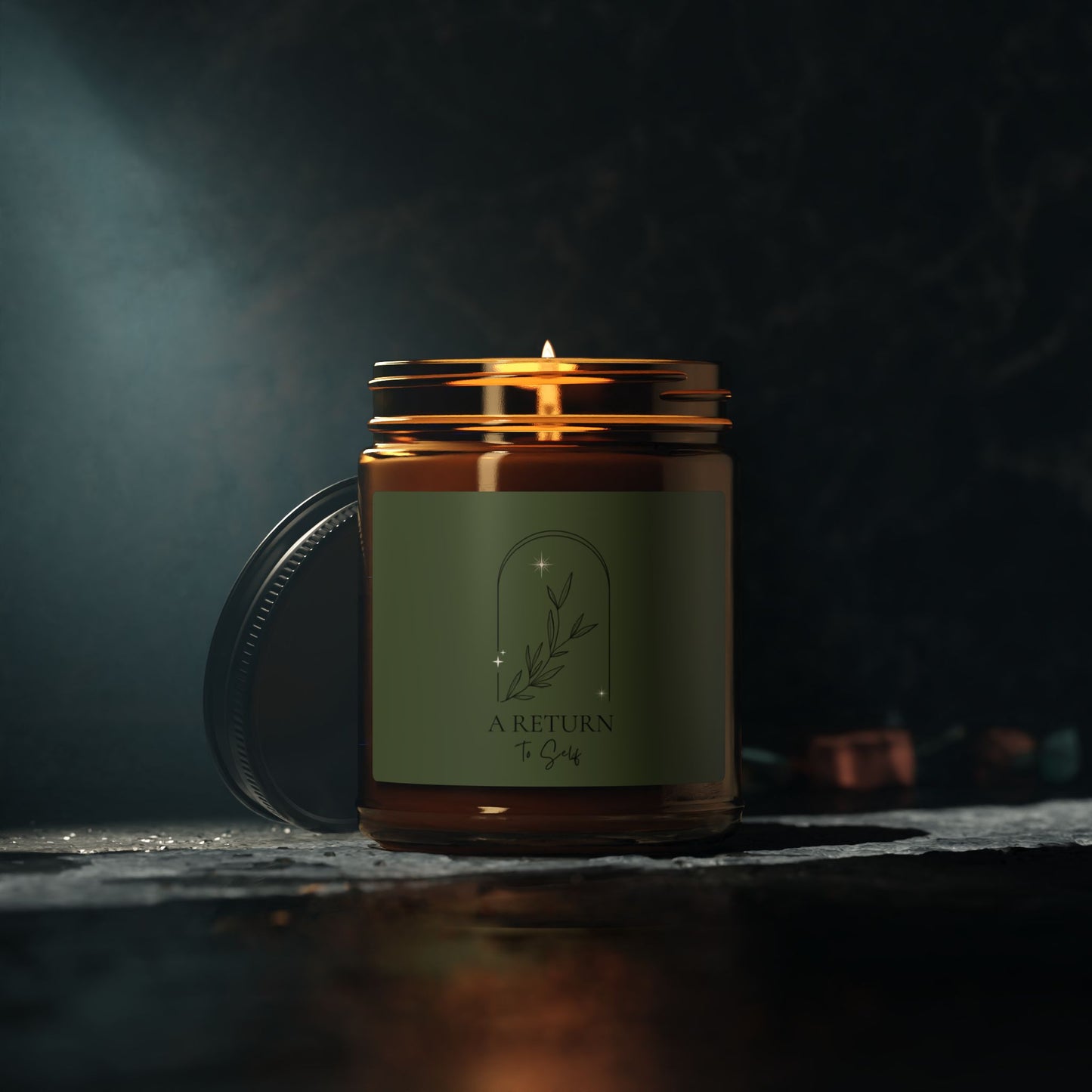 A Return to Self Scented Soy Candle — Amber Jar with Forest Green Label